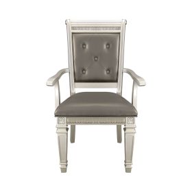 Modern Glam Silver Finish Dining Furniture Set of 2 Armchairs Gray Faux Leather Upholstered Wooden Dining Room Furniture