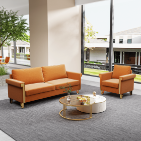 Orange Velvet Sofa and Chair Set â€“ Mid-Century Modern Couch with Matching Armchair, Gold Metal Accents