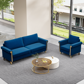 Luxury Blue Velvet Sofa and Chair Set â€“ Modern 76.34INCH Sofa with Matching Armchair, Gold Metal Accents