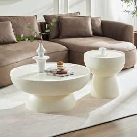 Fiberglass Cream Style Coffee Table Set of 2 for Living Room,Matte White Round Table front of the Sofa, Irregular Center Table for Apartment