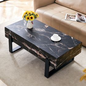 47.2"x23.6" Black and White Minimalist MDF Marble-Patterned Coffee Table.White marble pattern sticker,Black metal leg spray coating