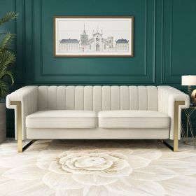 FX-P81-CW2 SOFA Modern Cream Velvet Sofa with Gold Accents - Sleek Channel-Tufted Upholstery