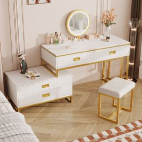 Modern Style Vanity Table With Movable Side Cabinet And 4-Drawers, Large Size Dressing Table With Mirror and 3-colors LED Light