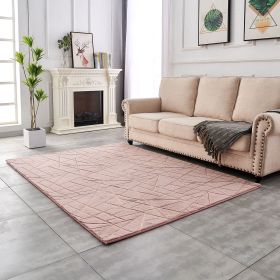 Luxury Machine Washable Dust Pink Geometric Abstract Gold-Gilded Chinchilla Faux Fur Area Rug