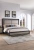 1pc Queen Size Panel Bed Upholstered Headboard Black Brown Finish Gold Finish Legs Solid Wood Wooden Bedroom Furniture