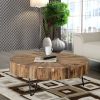 42 in. Round Handcrafted Reclaimed Wood Coffee Table, Modern Living Room Sofa Table with Metal Legs, Brown/Black