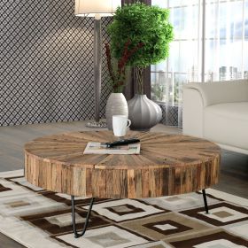 42 in. Round Handcrafted Reclaimed Wood Coffee Table, Modern Living Room Sofa Table with Metal Legs, Brown/Black