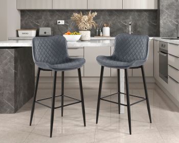 Set of 2 Pub Height Chairs Dark Gray Velvet Upholstery Modern Casual Dining Furniture Metal Legs, 29-inch Seat Height, Bar Chairs
