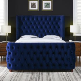 Brooklyn King Tufted Panel Bed Headboard and Footboard Set, Navy Blue Velvet