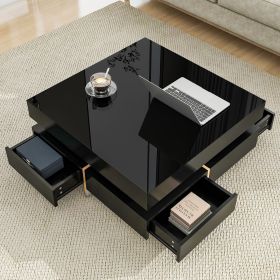 ON-TREND Modern High Gloss Coffee Table with 4 Drawers, Multi-Storage Square Cocktail Tea Table with Wood Grain Legs, Center Table for Living Room