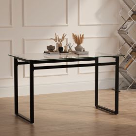 Modern Minimalist Rectangular Glass Dining Table for 4-6 with 0.31" Tempered Glass Tabletop and Black Chrome Metal Legs, Writing Table Desk