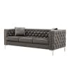 82.3" Width Modern Velvet Sofa Jeweled Buttons Tufted Square Arm Couch Grey,2 Pillows Included