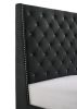 1pc Contemporary Style Queen Panel Upholstered Bed Button Tufted Demi-wings Nailhead Trim Black Finish Bedroom Furniture