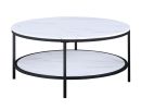 1pc Modern Round Faux Marble Coffee Table with Storage Shelf Black Finish Living Room Wooden Furniture