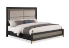 1pc Queen Size Panel Bed Upholstered Headboard Black Brown Finish Gold Finish Legs Solid Wood Wooden Bedroom Furniture