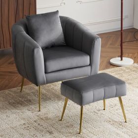 Velvet Accent Chair Set Barrel Chair with Ottoman Modern Club Chair Reading Armchair with Lumbar Pillow for Living Room, Bedroom, Study Room (Color: as picture)