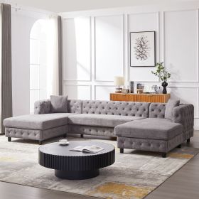 126-inch Modern Style Chenille Three Piece Sofa, Pull Point Design U-shaped Sofa two Chaise Longue Seats, two Pillows and Plastic Feet (Color: as Pic)