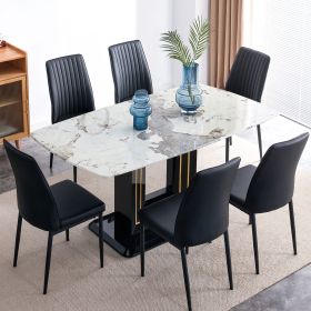 7-Piece Faux Marble Dining Table Set, Glass Rectangular Kitchen Table for 6-8, Modern Black Faux Marble Dining Room Table with MDF Base (Color: Black, Material: MDF+glass)