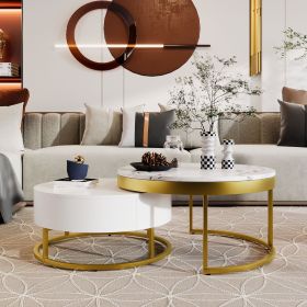 Modern Round Nesting Coffee Table with Drawers in White (Color: Golden+White, Material: MDF)