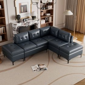 94.88" L-Shaped Corner Sofa Pu Leather Sectional Sofa Couch with Movable Storage Ottomans for Living Room (Color: Blue, Material: PU Leather)