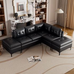94.88" L-Shaped Corner Sofa Pu Leather Sectional Sofa Couch with Movable Storage Ottomans for Living Room (Color: Black, Material: PU Leather)